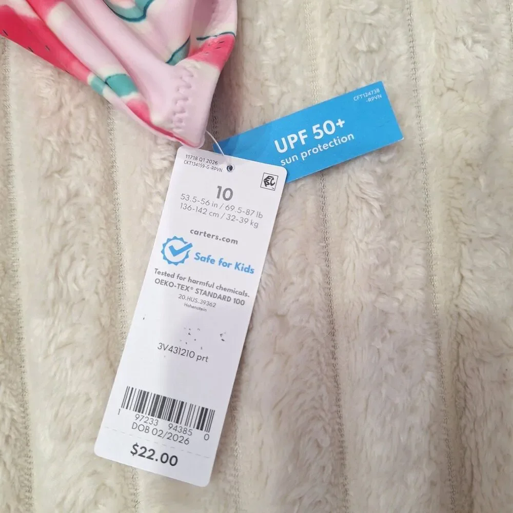 NWT carter's Girl's Cute Pink Watermelon One Piece Swimsuit UPF 50+ US Size 10
